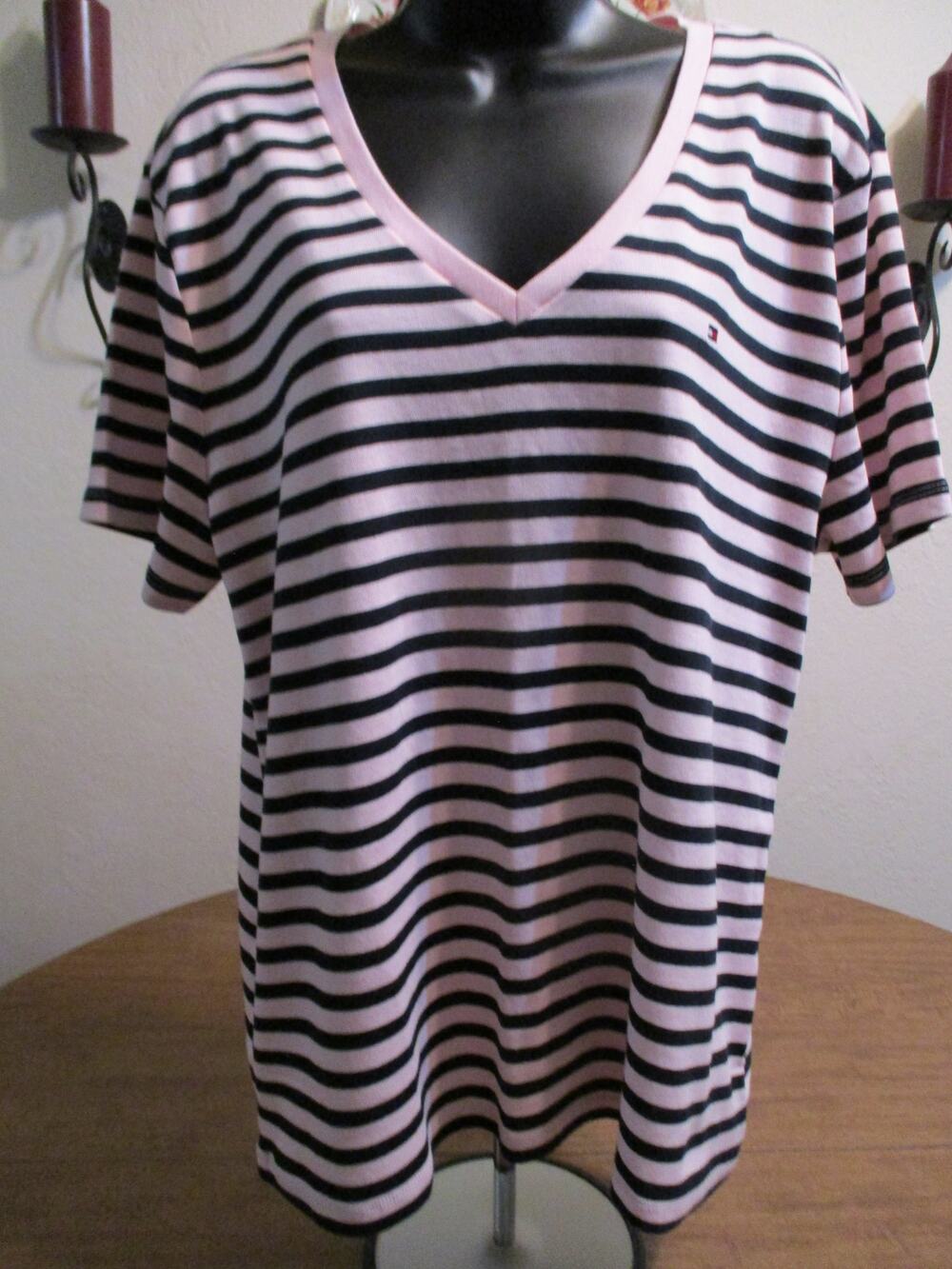 TOMMY HILFIGER WOMENS PINK BLACK STRIPED V NECK T SHIRT XXL